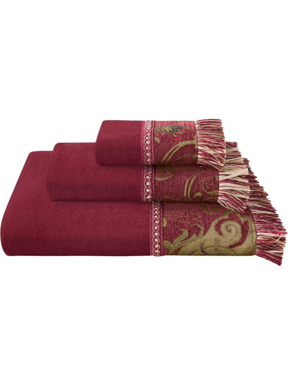 Luxury Cotton Bath Towel Set - 3 Piece Damask Design, Soft & Absorbent, Red